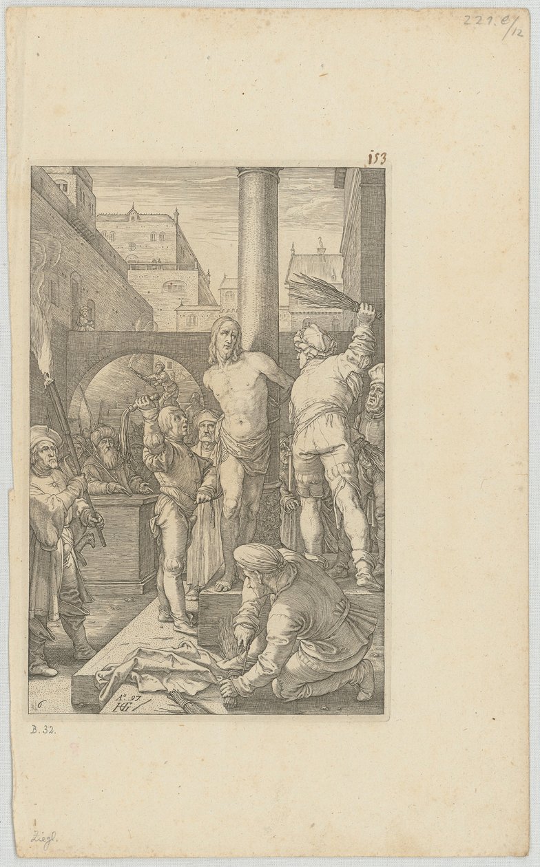 Biczowanie Chrystusa, arkusz 6 z cyklu „Męka Pańska” autorstwa Hendrick Goltzius