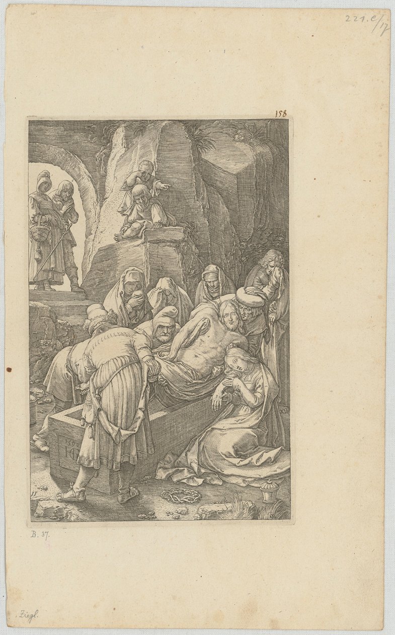 Pogrzeb, karta 11 z cyklu „Pasja” autorstwa Hendrick Goltzius