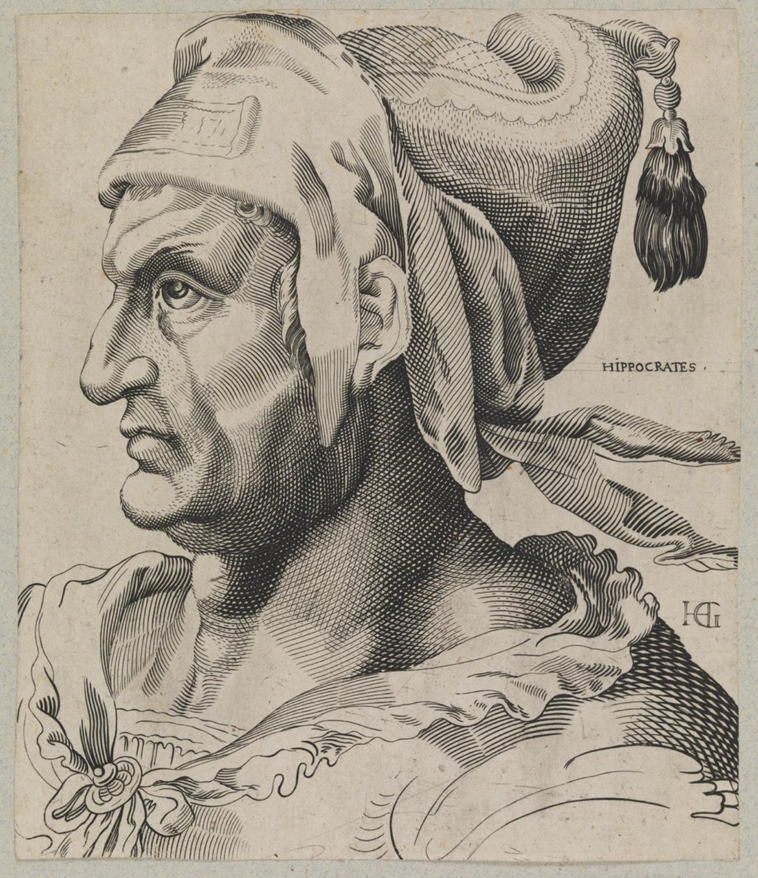Hipokrates. Popiersie mężczyzny z profilu autorstwa Hendrick Goltzius