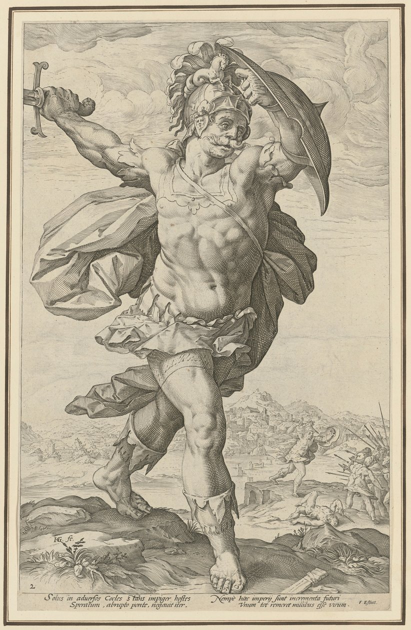 Horatius Cocles, arkusz 2 z serii „Bohaterowie rzymscy” autorstwa Hendrick Goltzius