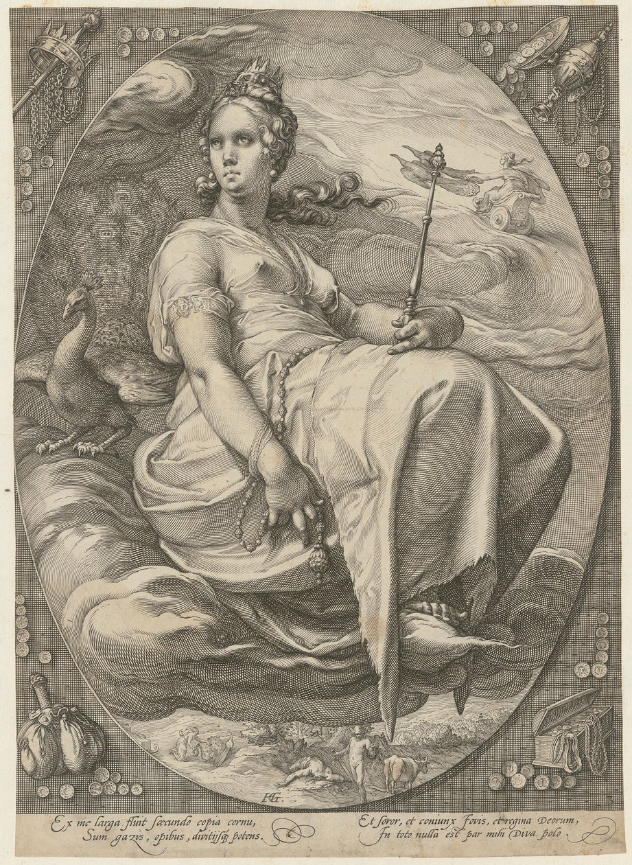 Junona, plansza 3 z serii „Trzy boginie” autorstwa Hendrick Goltzius