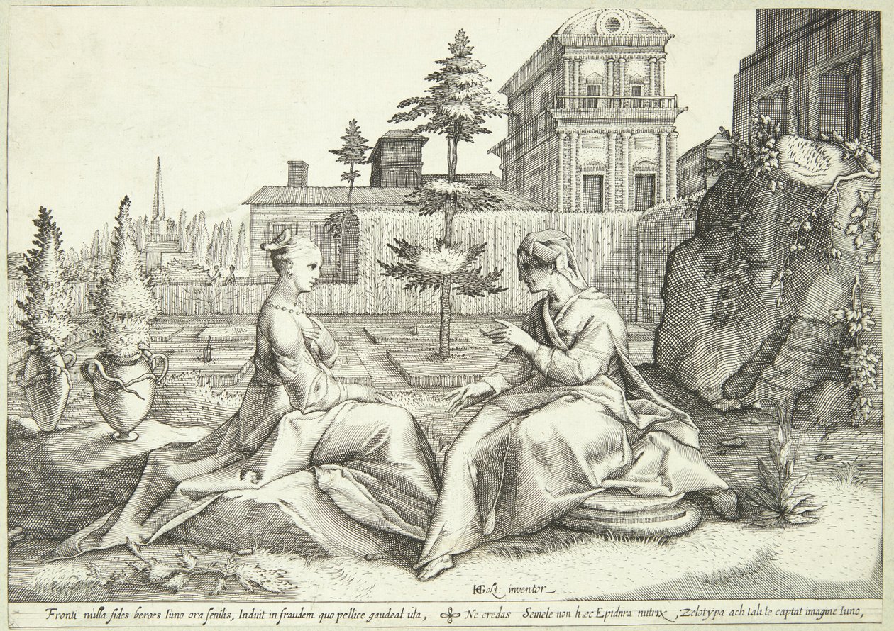 Juno przebrana za Beroe ostrzega Semele autorstwa Hendrick Goltzius