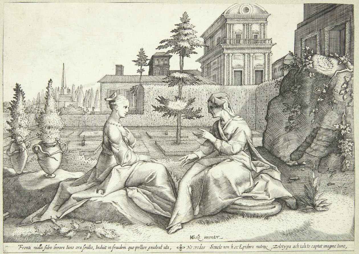 Juno przebrana za Beroe ostrzega Semele autorstwa Hendrick Goltzius