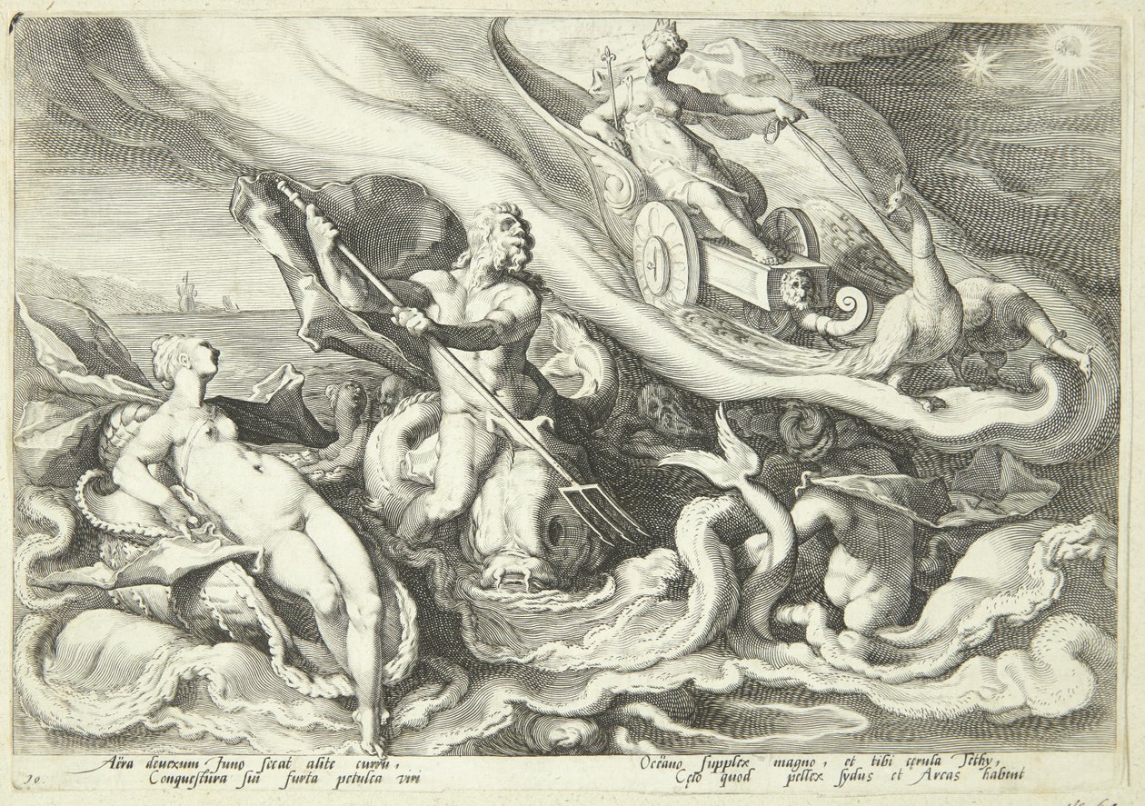 Juno skarży się na Kallisto Okeanosowi i Tetydzie autorstwa Hendrick Goltzius