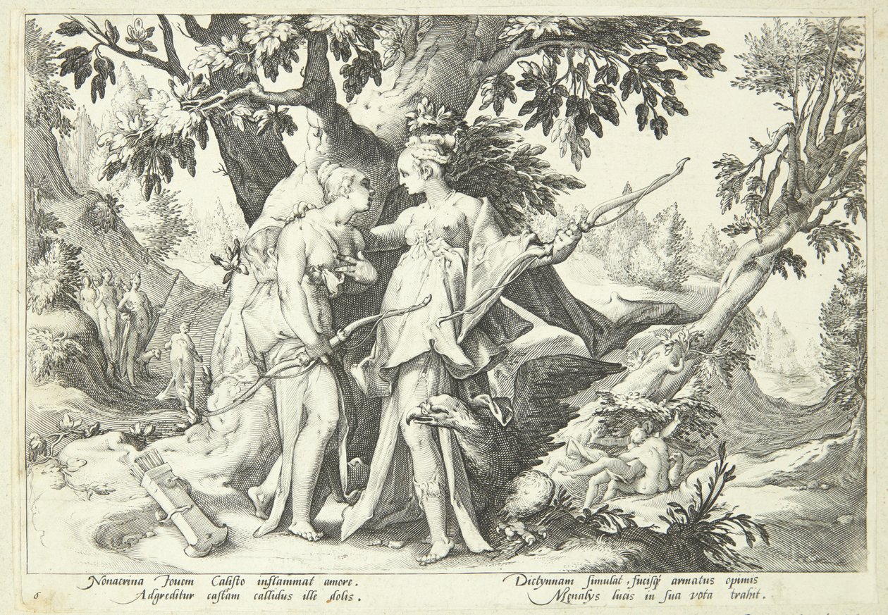 Jupiter przebrany za Dianę uwodzi Kallisto autorstwa Hendrick Goltzius