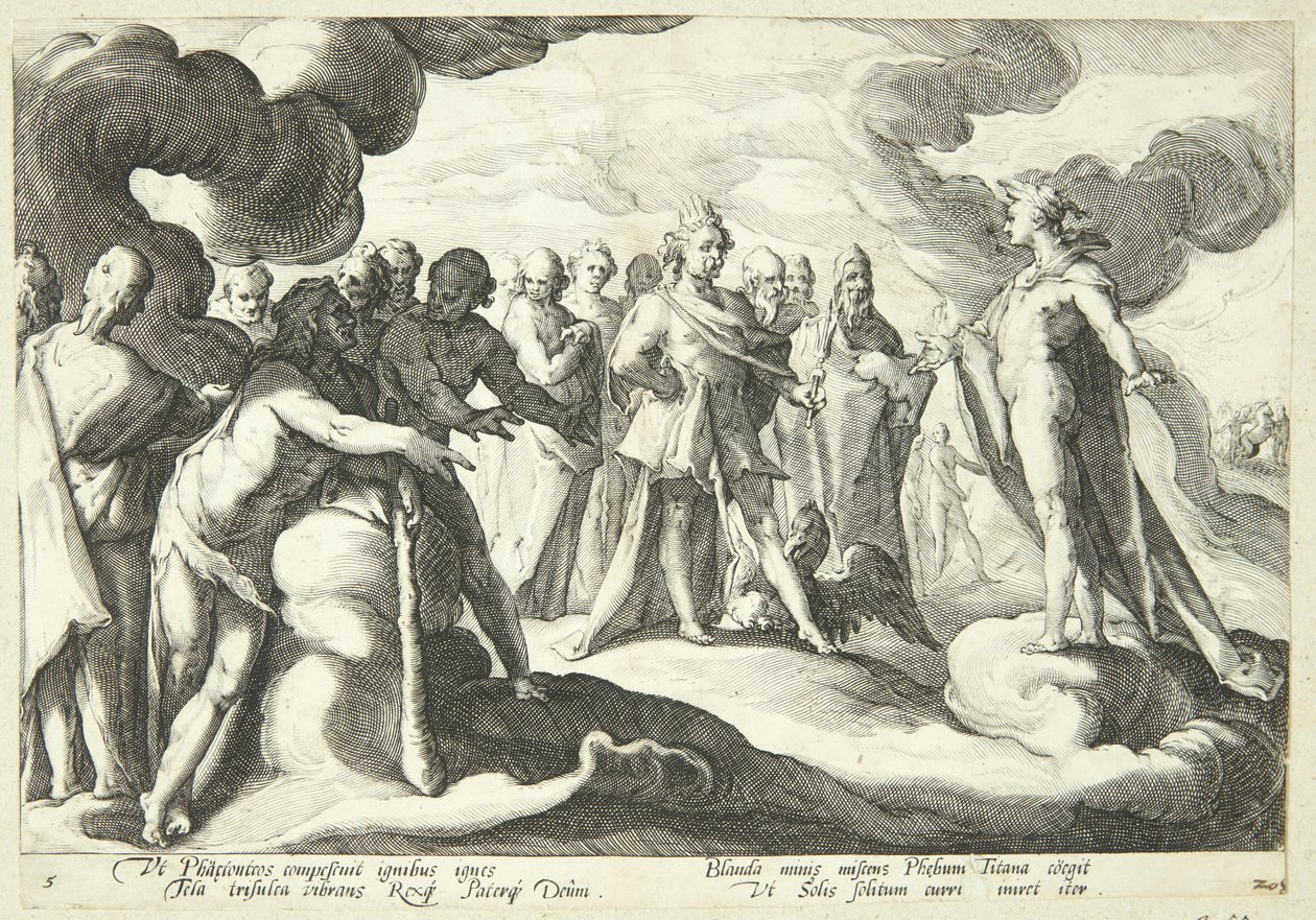 Jowisz i bogowie proszą Heliosa o wznowienie kontroli nad słonecznym rydwanem autorstwa Hendrick Goltzius