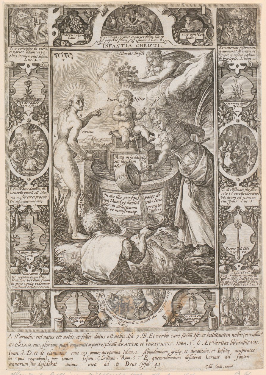 Dzieciństwo Chrystusa, arkusz 3 z serii „Życie Chrystusa” autorstwa Hendrick Goltzius