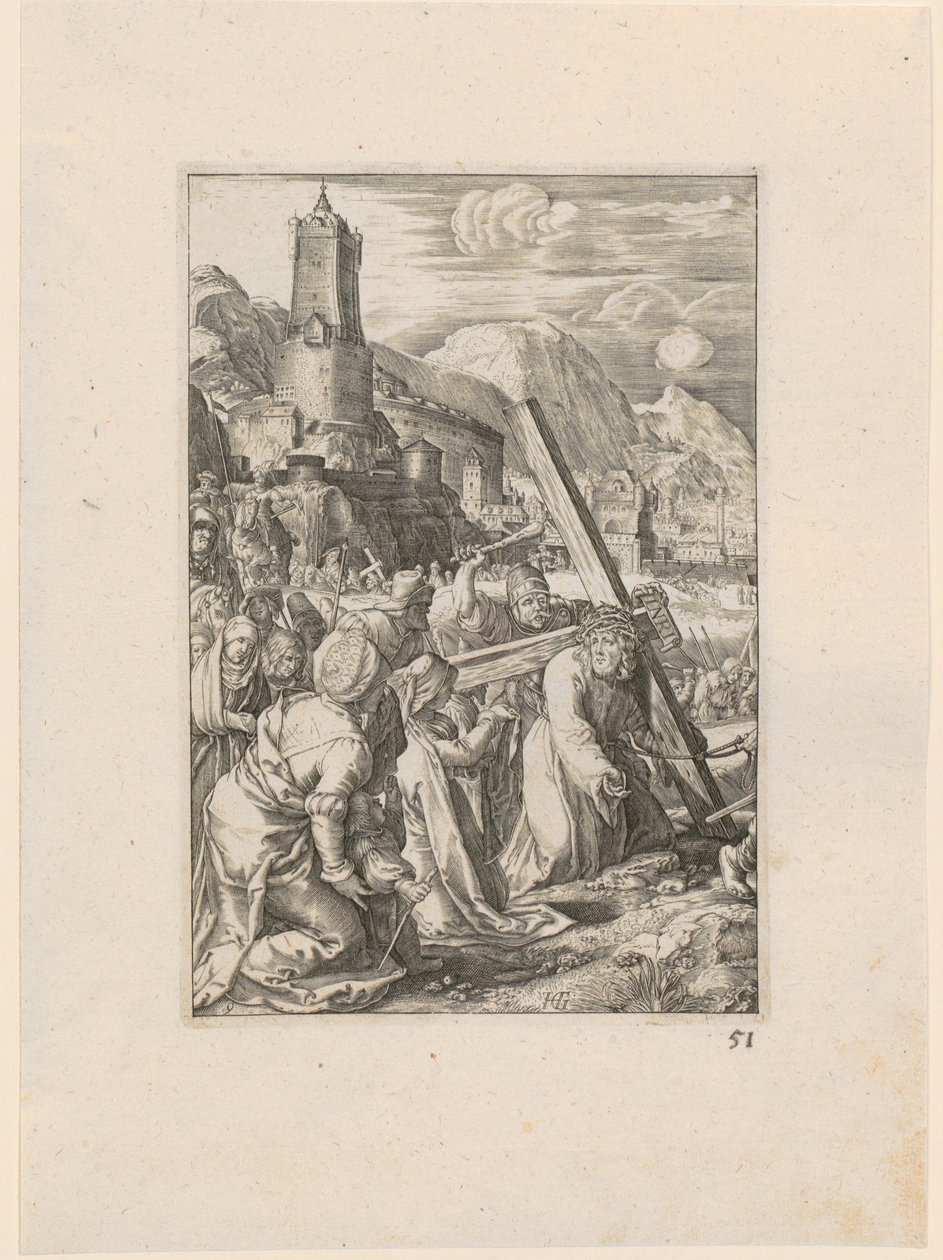 Niesienie krzyża, arkusz 9 z cyklu „Pasja” autorstwa Hendrick Goltzius