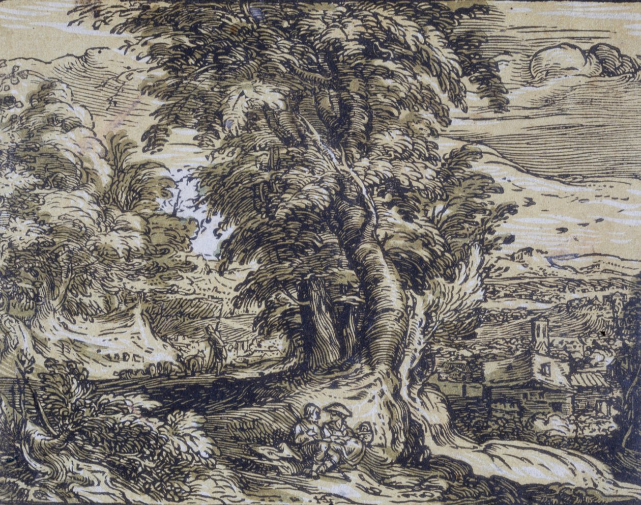 Pejzaż z drzewami i parą pasterzy autorstwa Hendrick Goltzius