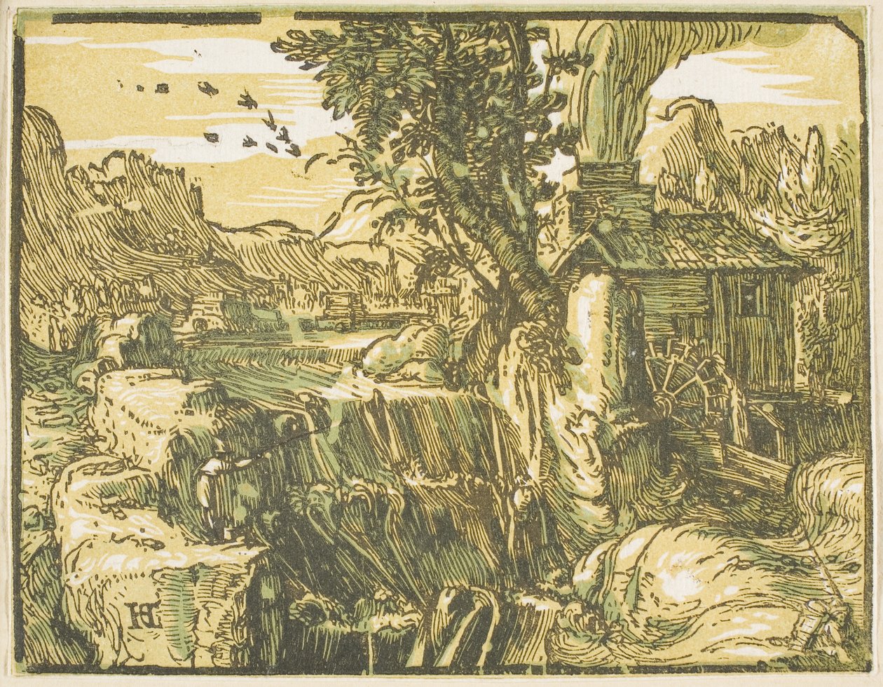 Krajobraz z Wodospadem, z Czterech Małych Krajobrazów autorstwa Hendrick Goltzius