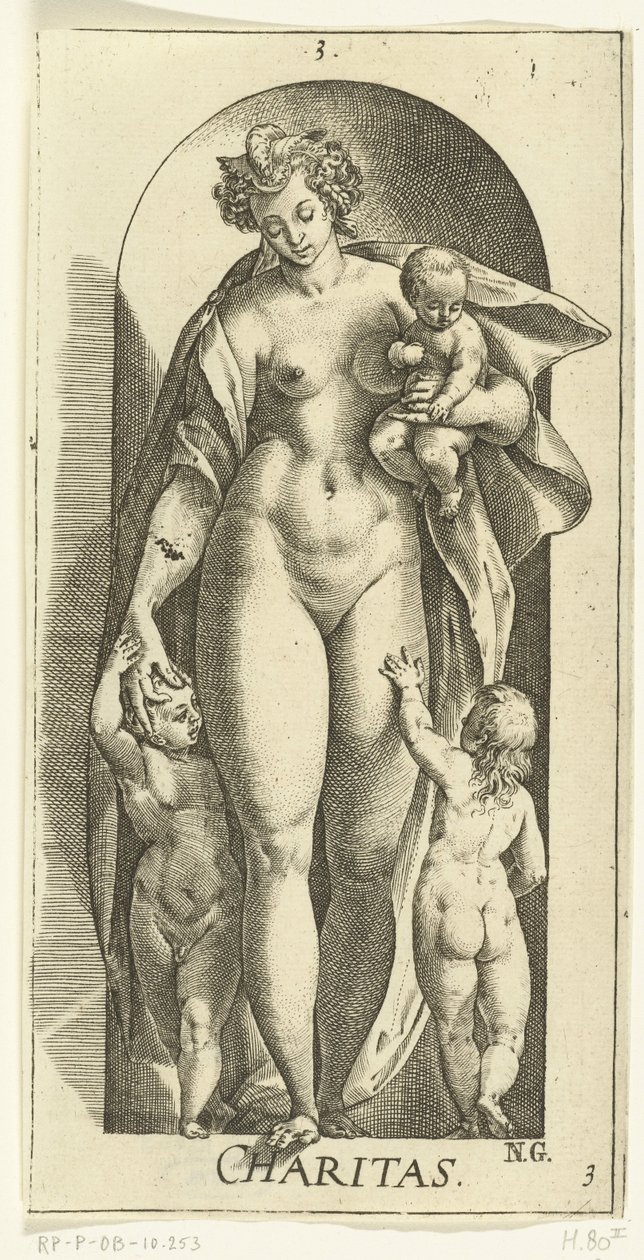 Miłość Dobroczynność (tytuł na obiekcie) Siedem cnót (tytuł serii) autorstwa Hendrick Goltzius