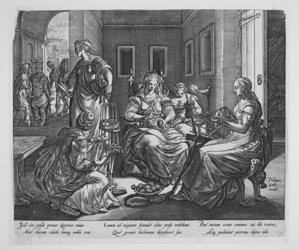 Lukrecja i jej przędące kobiety autorstwa Hendrick Goltzius