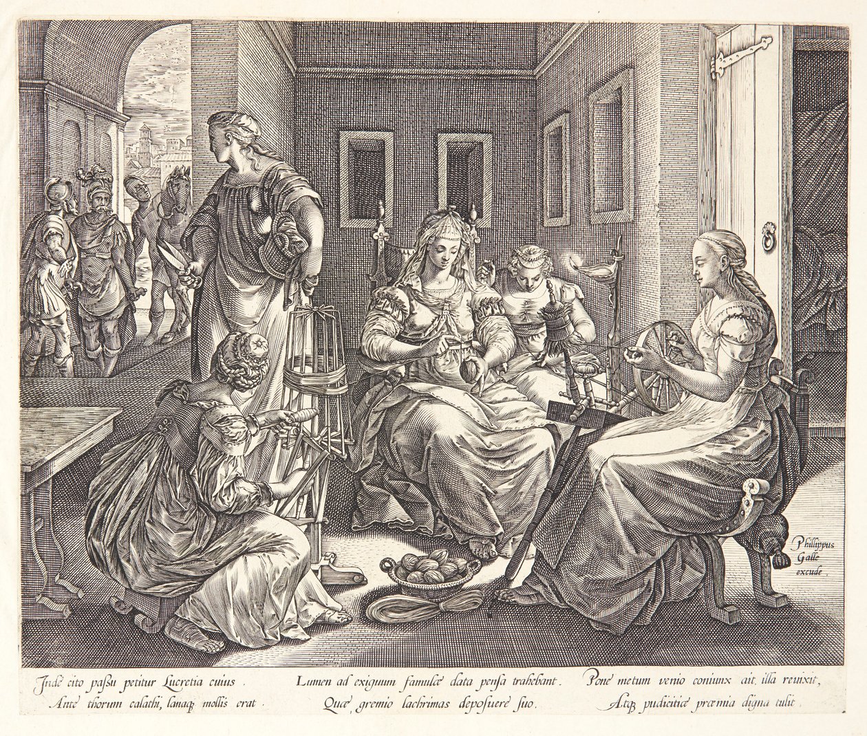Lucretia przędzie wraz ze swoimi damami dworu autorstwa Hendrick Goltzius