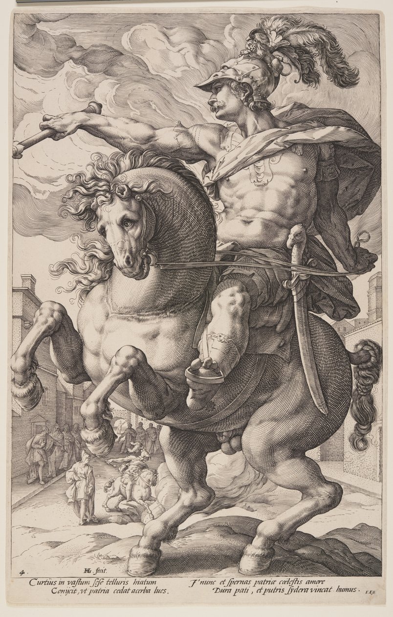 Marcus Curtius na koniu, z filmu "The Roman Heroes autorstwa Hendrick Goltzius