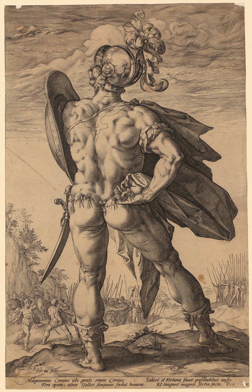 Marcus Valerius Corvus, arkusz 6 z serii „Rzymscy bohaterowie” autorstwa Hendrick Goltzius