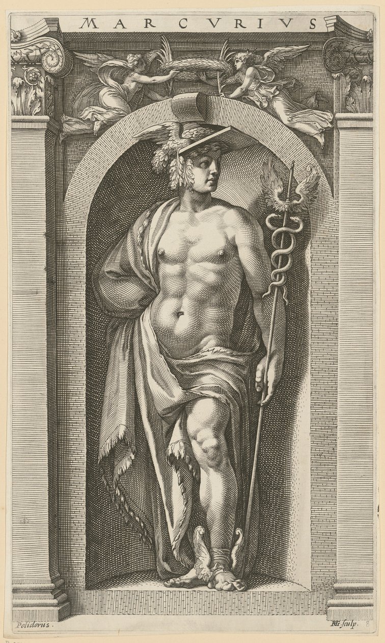 Merkury, arkusz 8 z serii „Osiem starożytnych bóstw” autorstwa Hendrick Goltzius