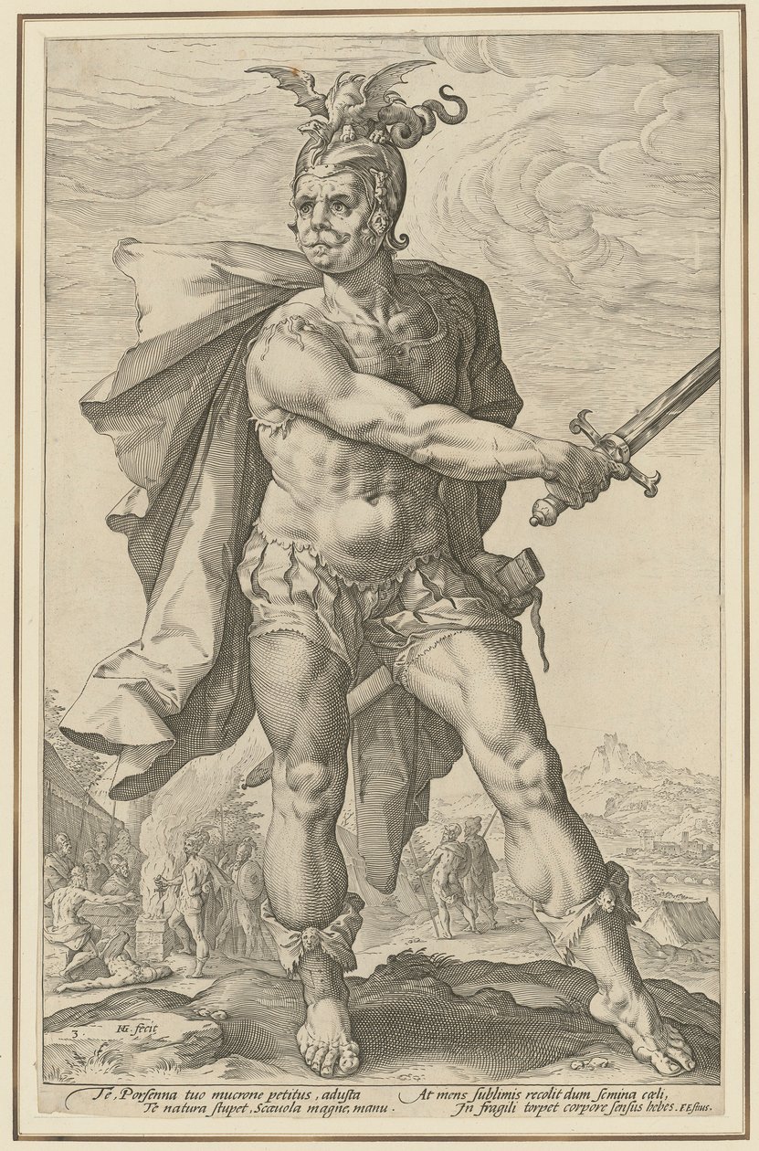 Mucius Scaevola, arkusz 3 z serii „Rzymscy bohaterowie” autorstwa Hendrick Goltzius