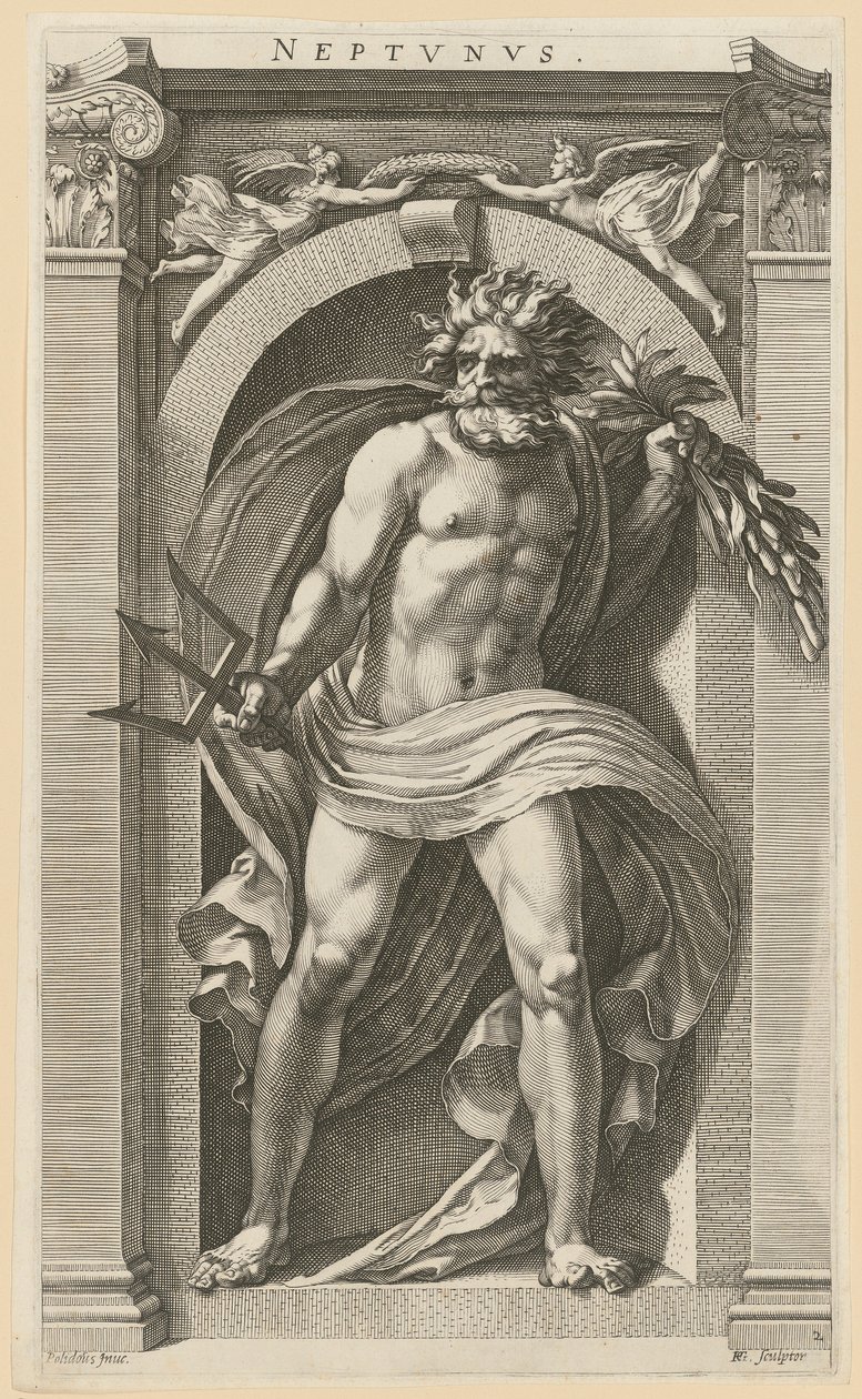 Neptun, arkusz 2 z serii „Osiem starożytnych bóstw” autorstwa Hendrick Goltzius