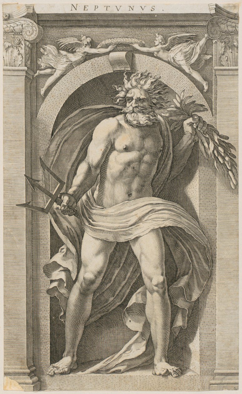 Neptun, arkusz 2 z serii „Osiem starożytnych bóstw” autorstwa Hendrick Goltzius