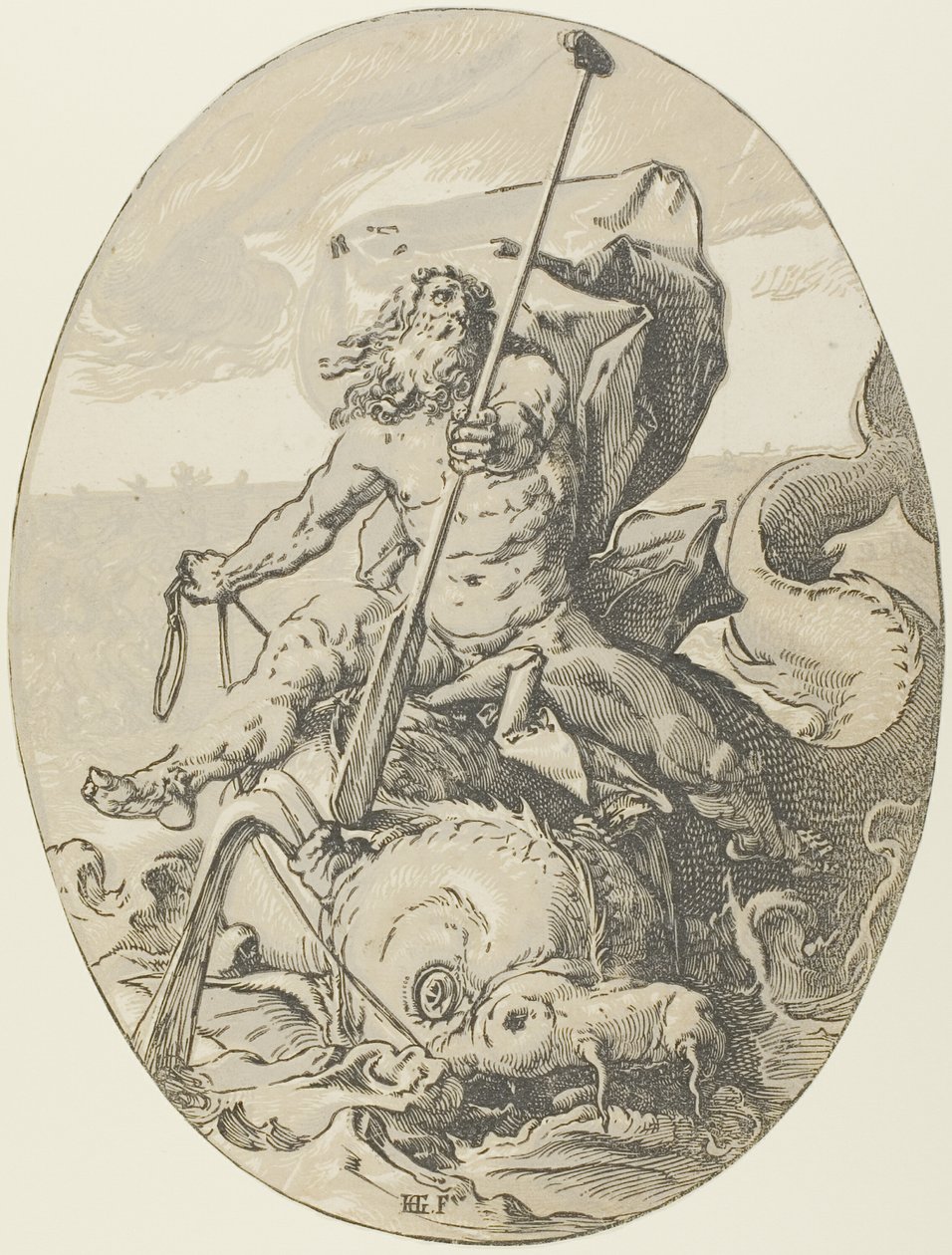 Okeanos, płyta druga z Demogorgon i Bóstw autorstwa Hendrick Goltzius