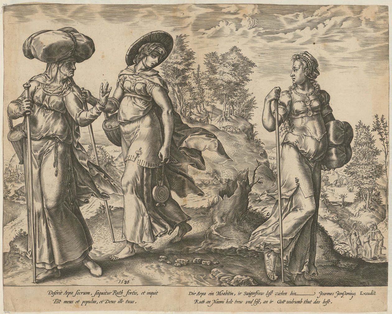 Orpa opuszcza Rut i Noemi [strona 1] oraz Rut na polu przed Boazem [strona 2], strony 1 i 2 serii „Historia Rut” autorstwa Hendrick Goltzius