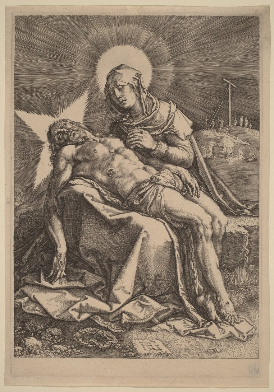 Pietà (Bolejąca Dziewica z martwym Chrystusem na kolanach) autorstwa Hendrick Goltzius