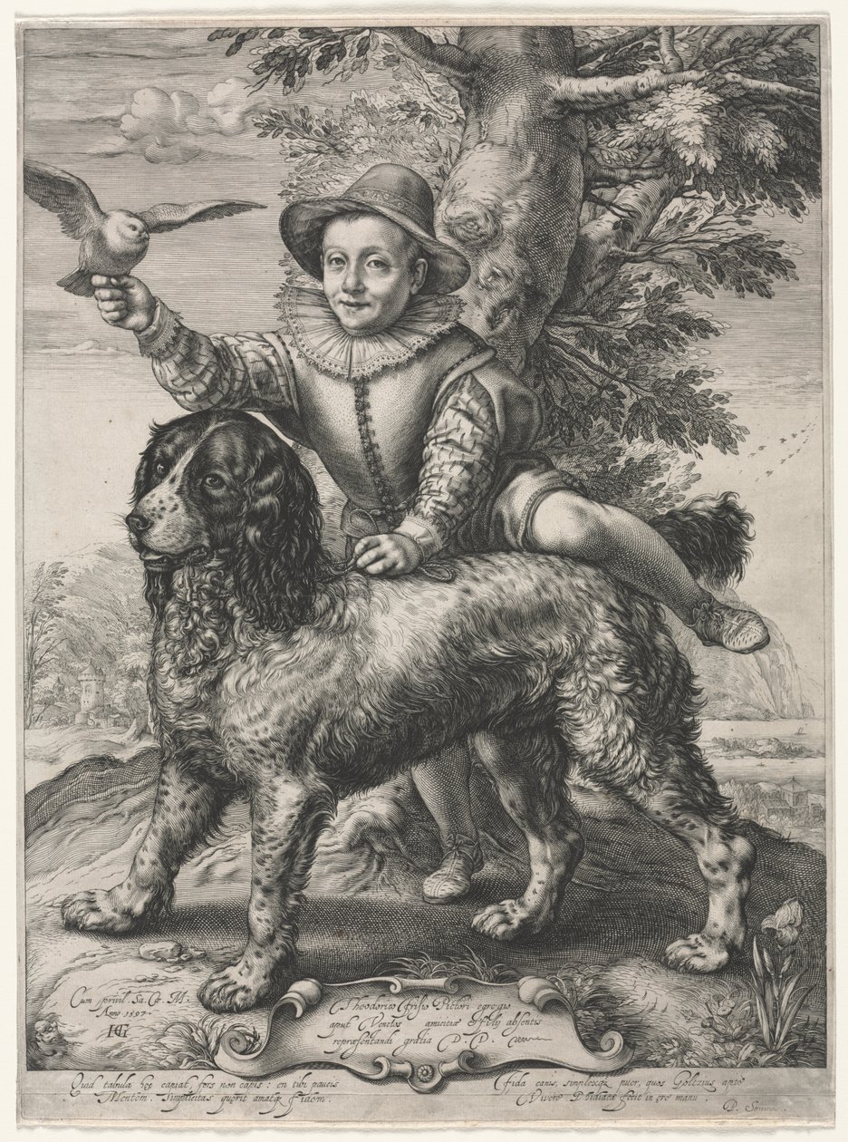Portret Fredericka de Vriesa i jego psa autorstwa Hendrick Goltzius
