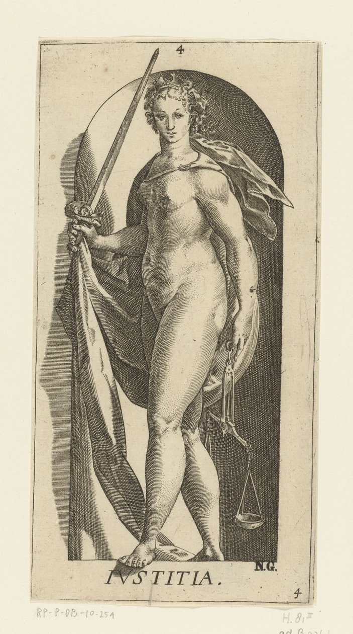 Sprawiedliwość Iustitia (tytuł na obiekcie) Siedem cnót (tytuł serii) autorstwa Hendrick Goltzius