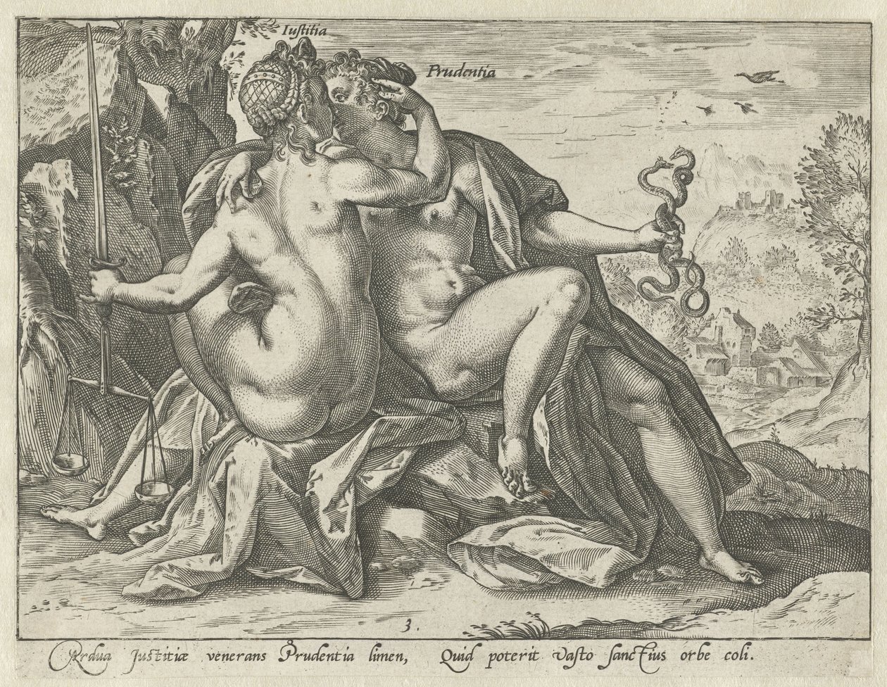 Sprawiedliwość i roztropność (Justitia / Prudentia) Zjednoczone cnoty (tytuł serii) autorstwa Hendrick Goltzius