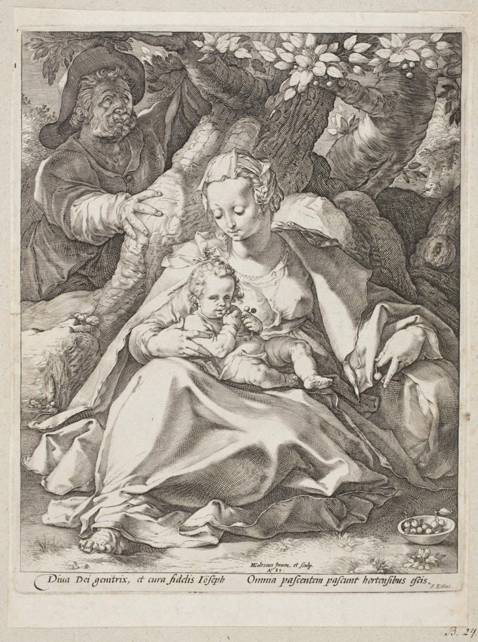 Odpocznij w locie do Egiptu pod wiśniowym drzewem autorstwa Hendrick Goltzius