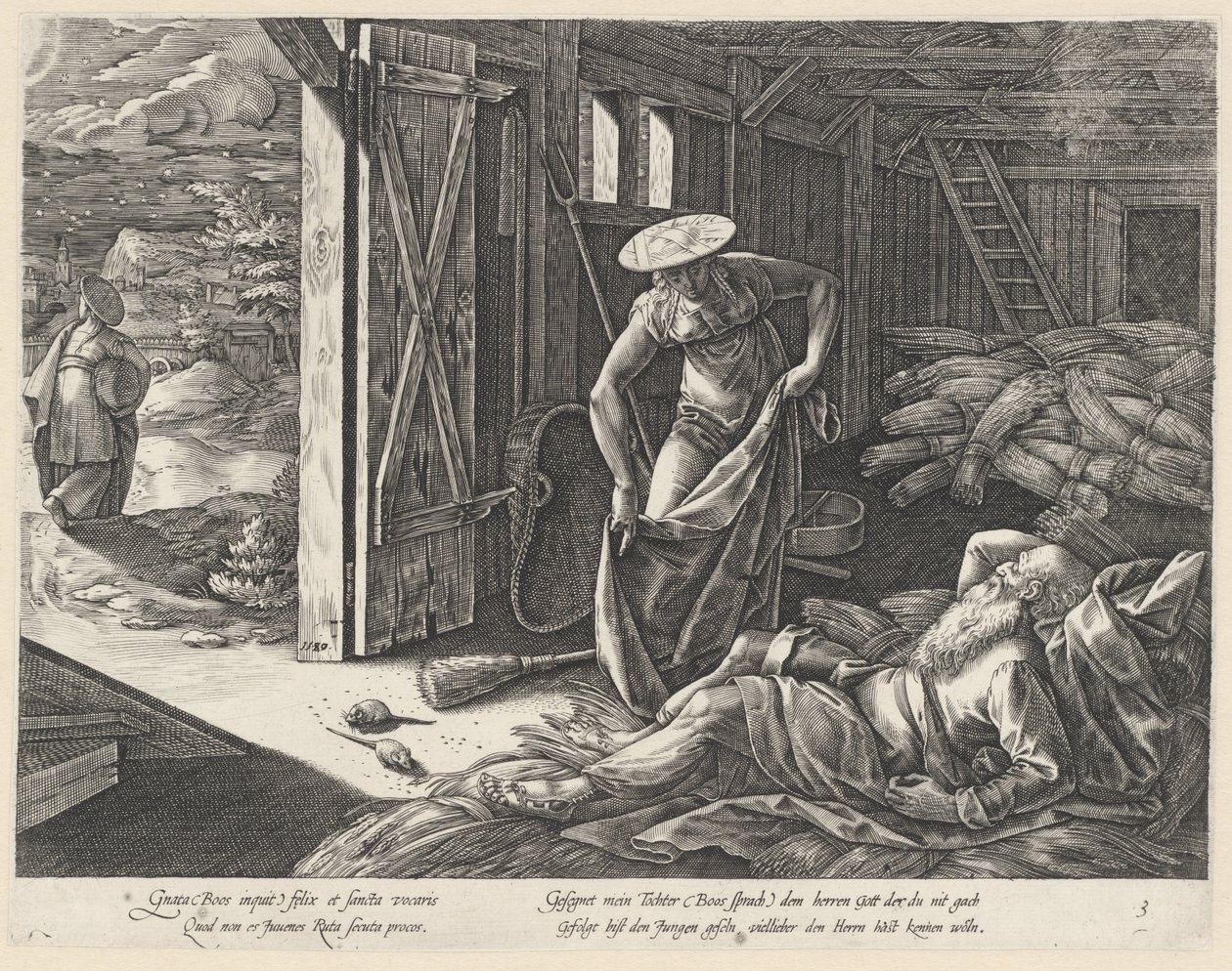 Rut i Boaz w spichlerzu Historia Rut (tytuł serii) autorstwa Hendrick Goltzius