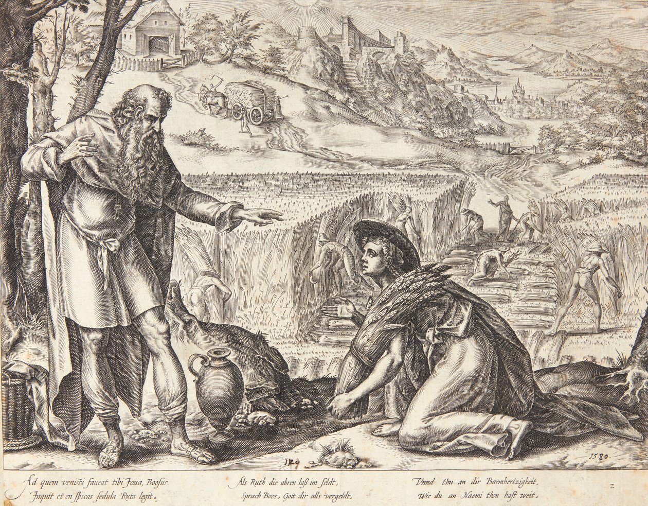 Rut zbiera kłosy na polach Booza autorstwa Hendrick Goltzius