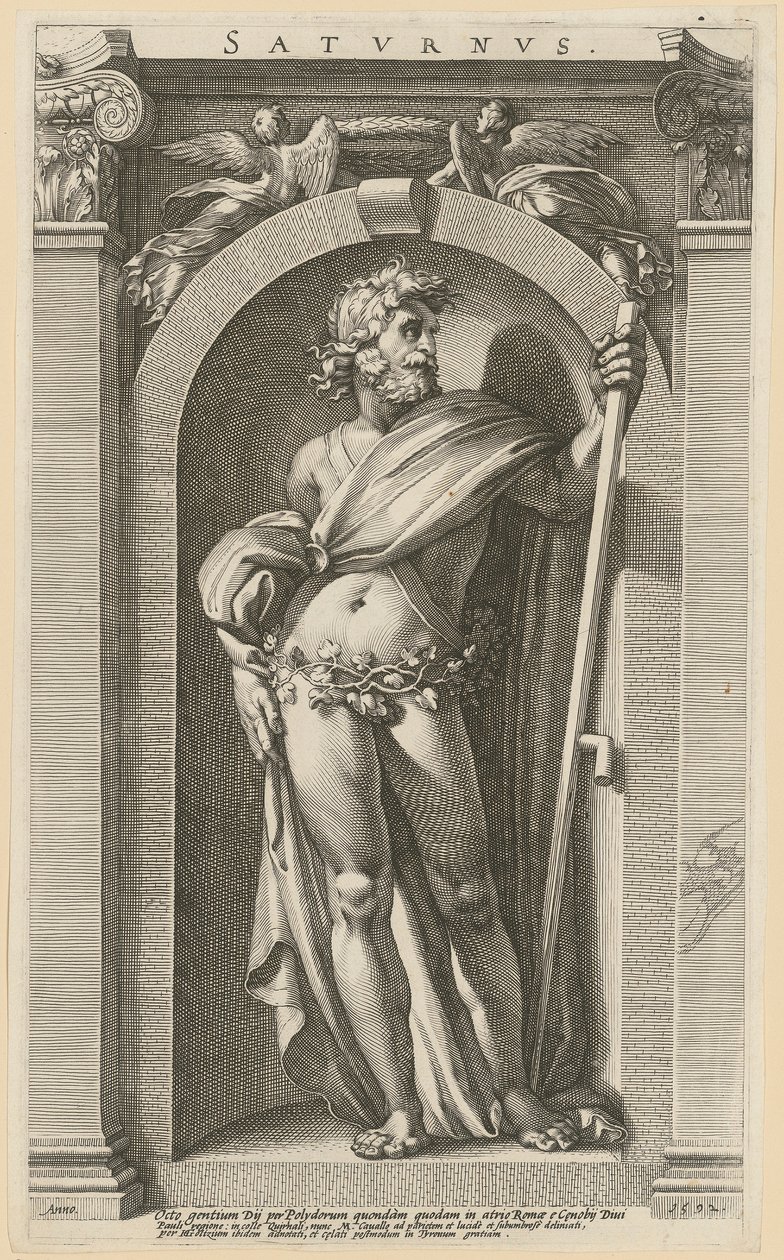 Saturn, karta 1 z serii „Osiem antycznych bóstw” autorstwa Hendrick Goltzius