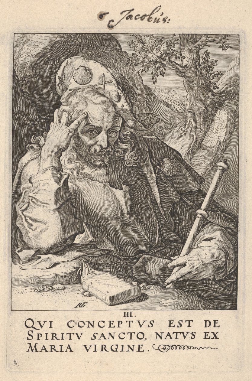 Święty Jakub Większy, z obrazu „Chrystus, apostołowie i św. Paweł z Credo” autorstwa Hendrick Goltzius