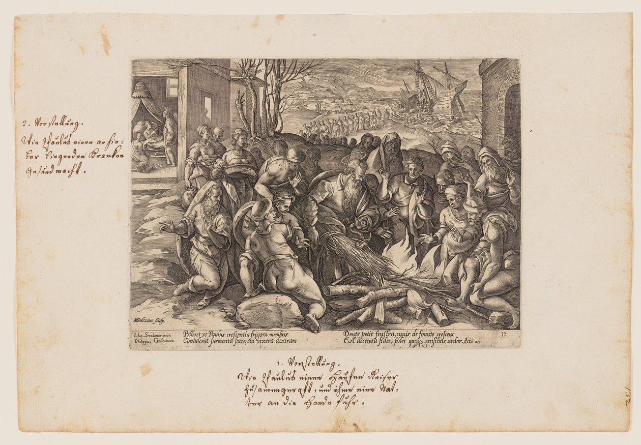 Paweł ukąszony przez żmiję, z Acta Apostolorum (Dzieje Apostolskie) autorstwa Hendrick Goltzius