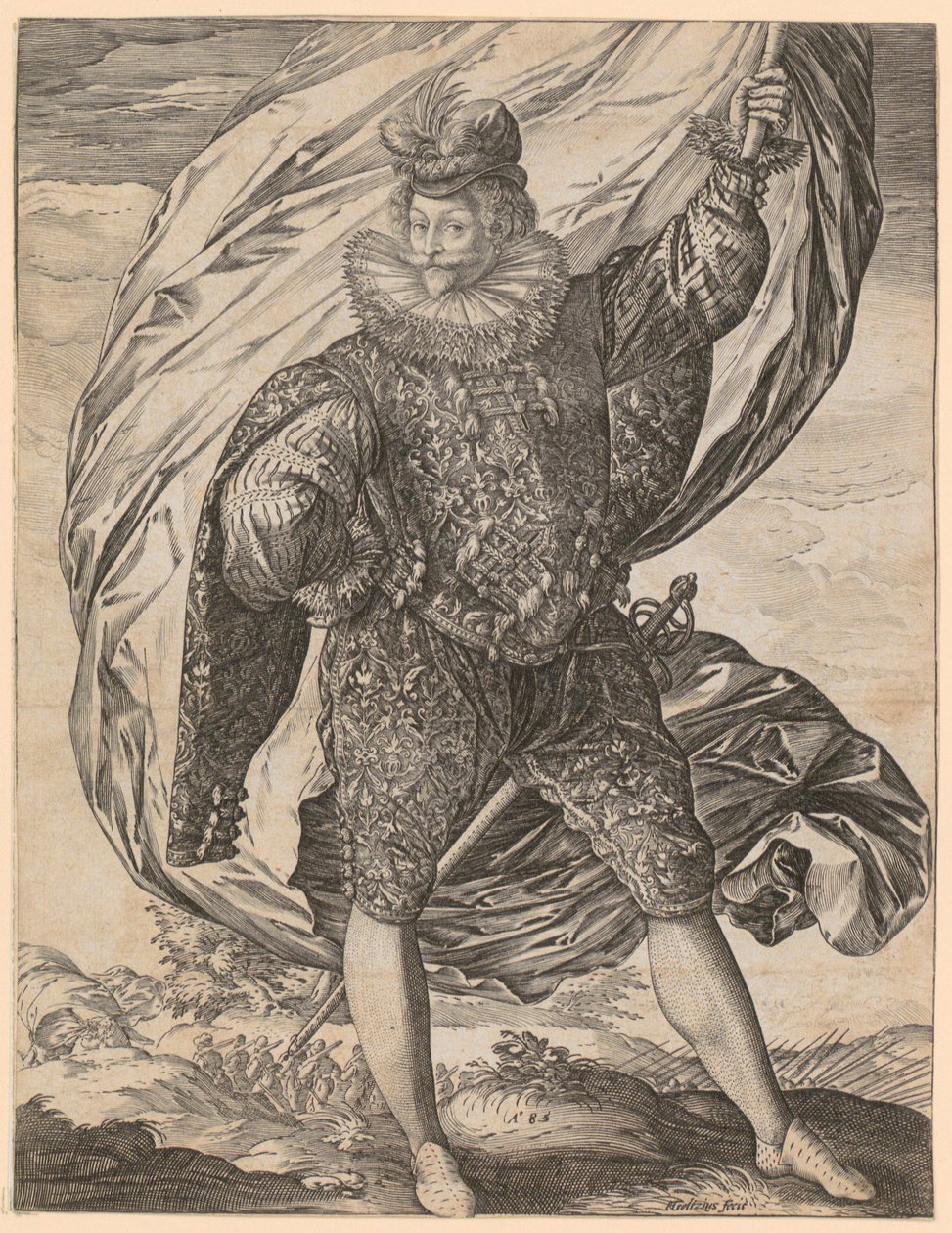 Stojący chorąży, z głową zwróconą w lewo autorstwa Hendrick Goltzius