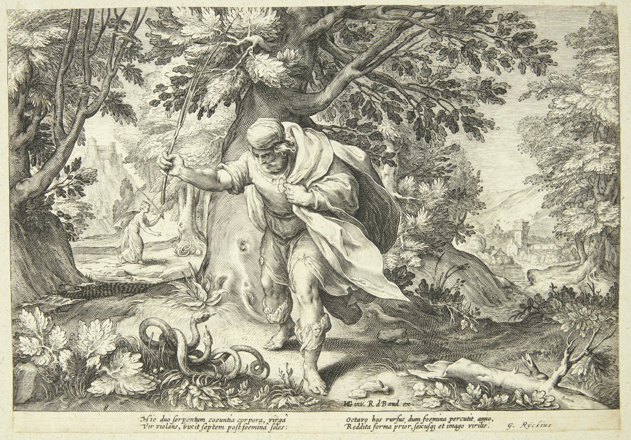Teiresias uderza swoją laską w dwa parujące się węże autorstwa Hendrick Goltzius