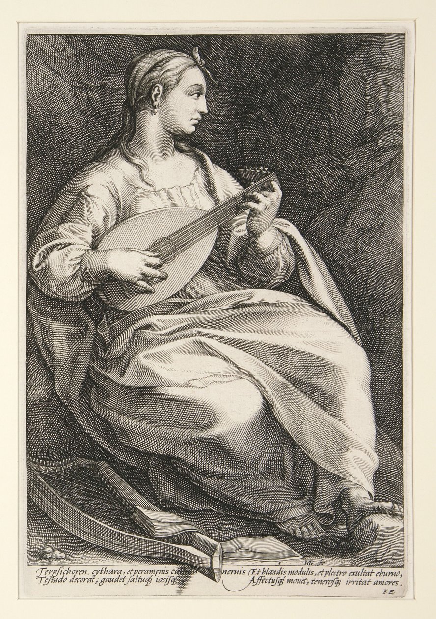Terpsichora, rycina nr 5 z serii „Dziewięć muz” autorstwa Hendrick Goltzius