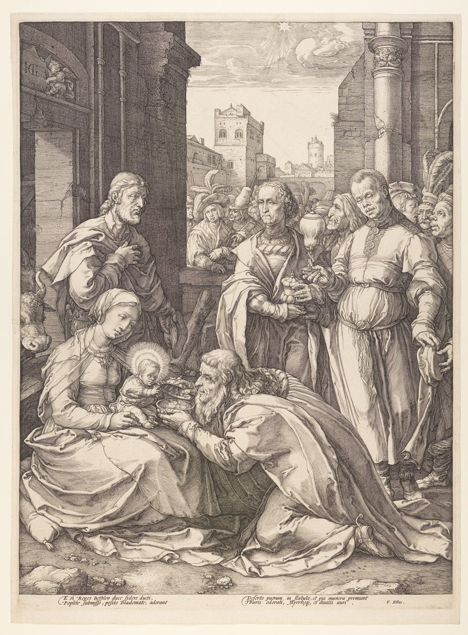 Pokłon Trzech Króli, z książki Narodziny i wczesne życie Chrystusa autorstwa Hendrick Goltzius