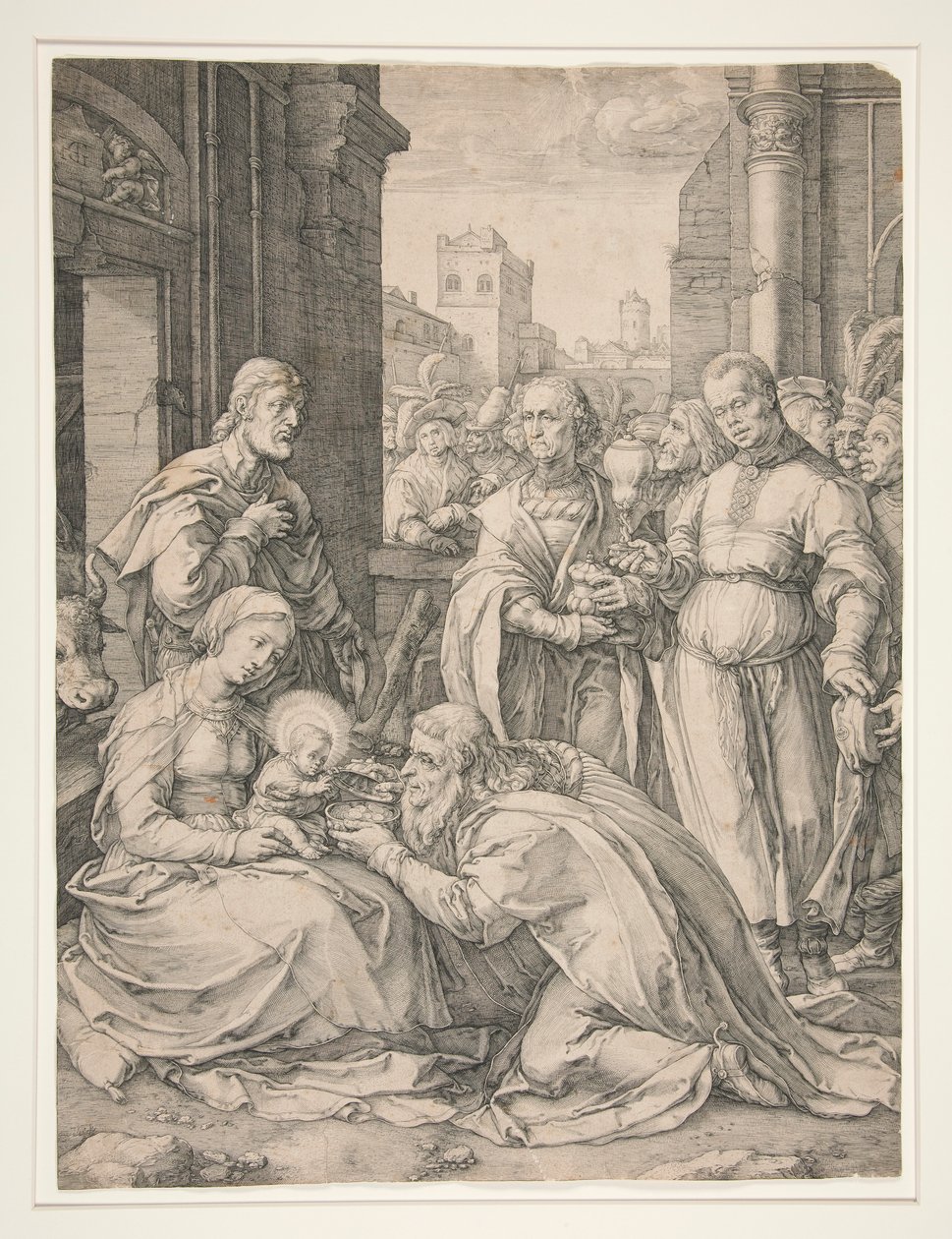 Adoracja Trzech Króli z cyklu Narodziny i wczesne życie Chrystusa autorstwa Hendrick Goltzius