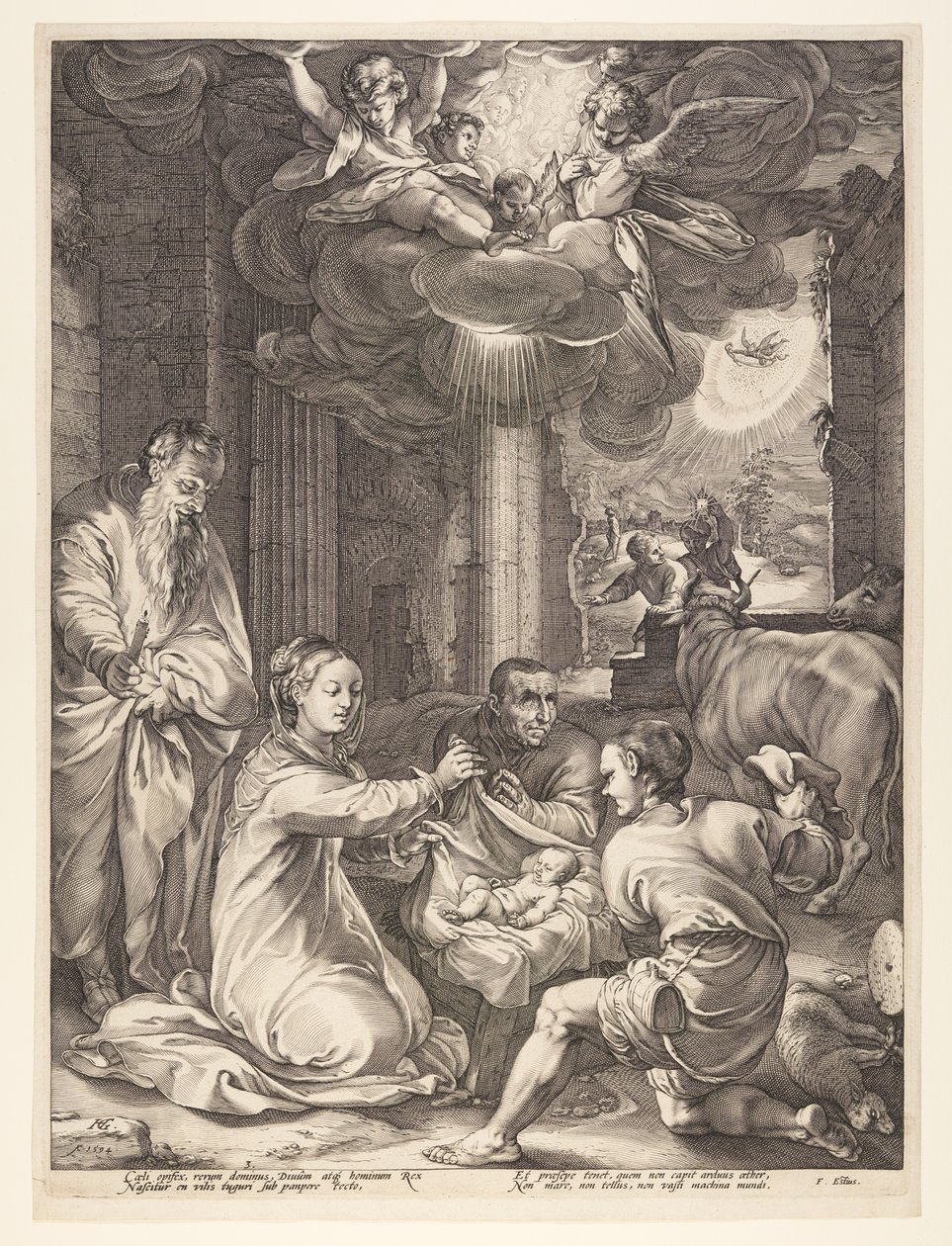 Adoracja pasterzy, z Narodzin i wczesnego życia Chrystusa autorstwa Hendrick Goltzius