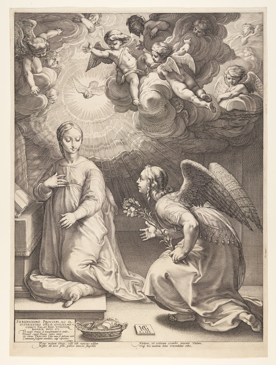 Zwiastowanie, z książki Narodziny i wczesne życie Chrystusa autorstwa Hendrick Goltzius