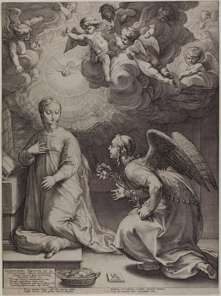 Zwiastowanie, płyta pierwsza z Narodzin i wczesnego życia Chrystusa autorstwa Hendrick Goltzius