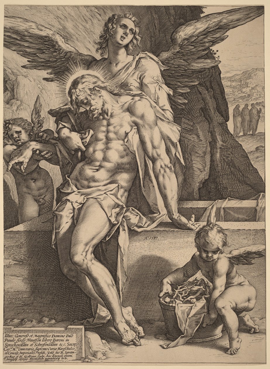 Ciało Chrystusa podtrzymywane przez aniołów autorstwa Hendrick Goltzius