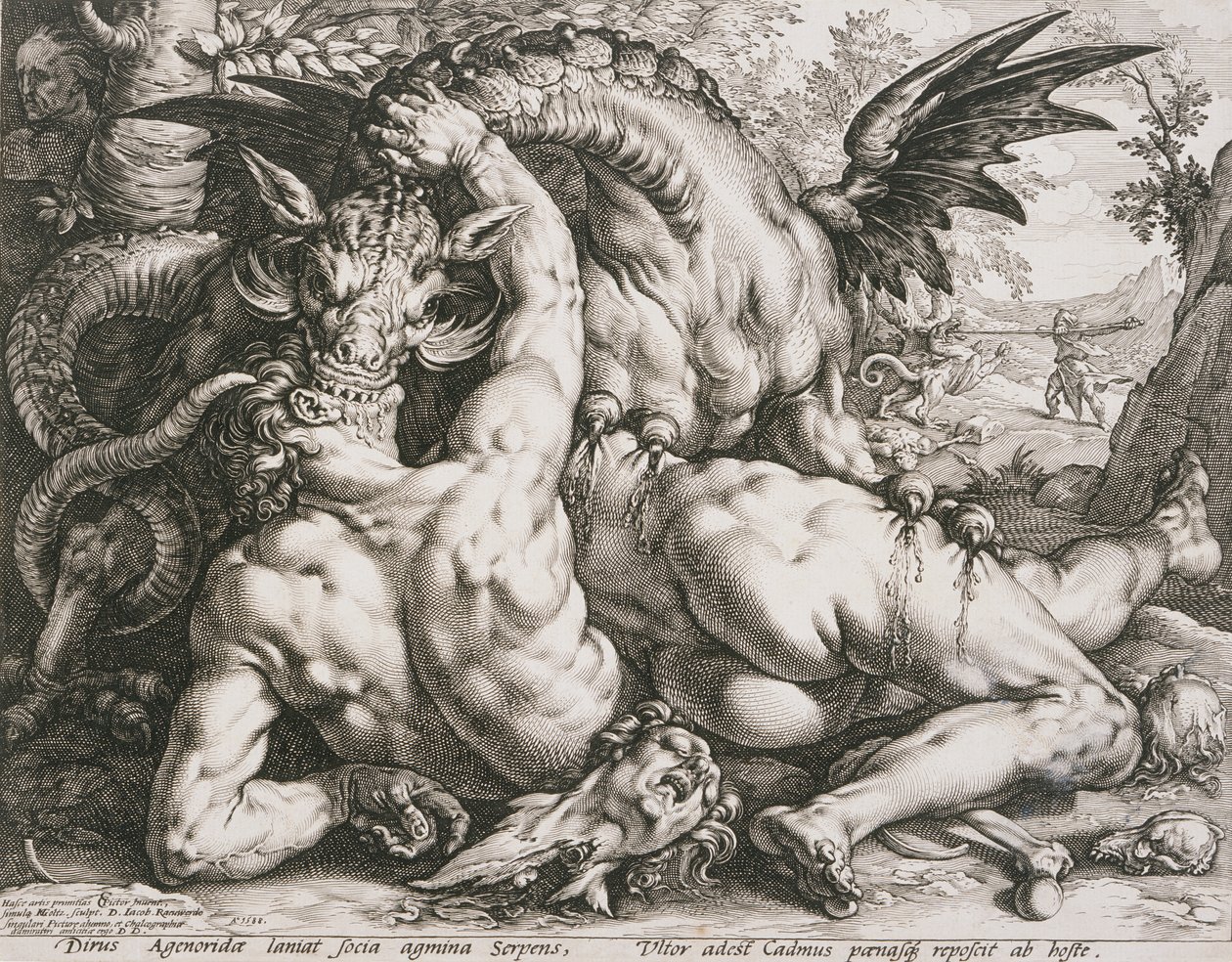 Smok pożerający towarzyszy Kadmosa autorstwa Hendrick Goltzius