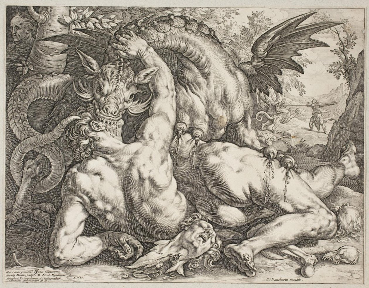 Smok pożerający towarzyszy Kadmusa autorstwa Hendrick Goltzius