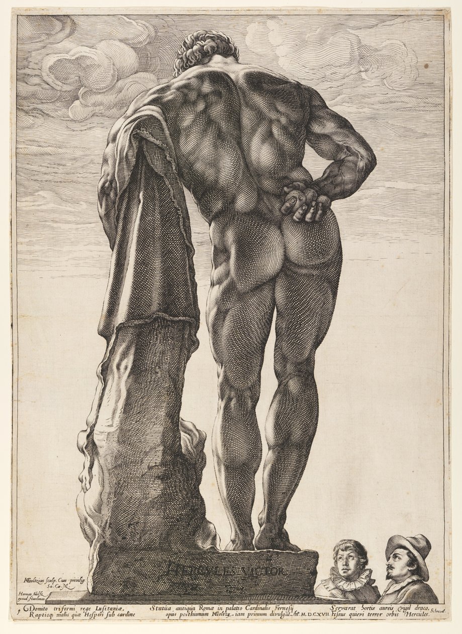 Herkules z Farnese, z trzech słynnych antycznych posągów w Rzymie autorstwa Hendrick Goltzius