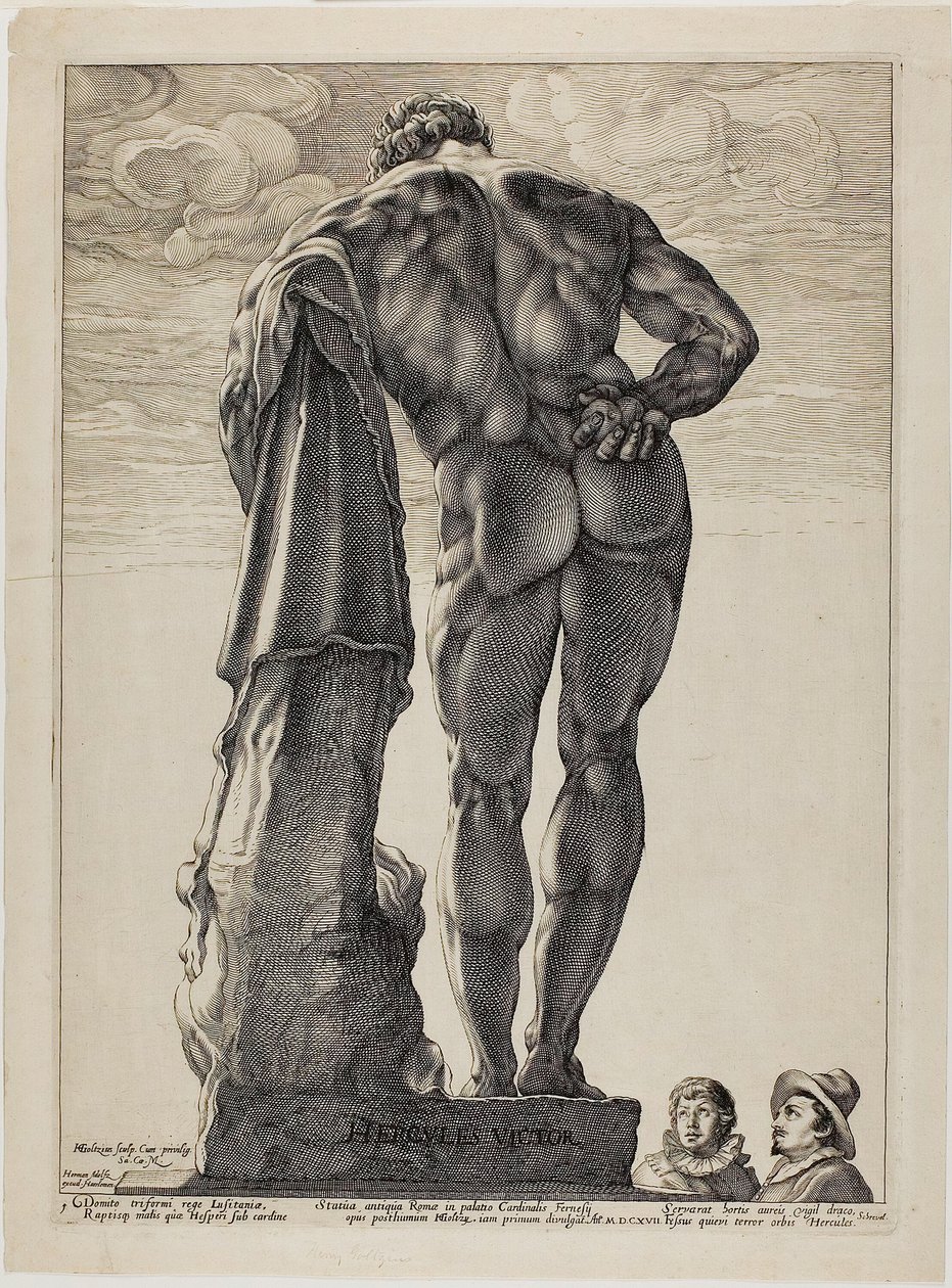 Herkules Farnezyjski, płyta pierwsza z Trzech słynnych rzeźb antycznych autorstwa Hendrick Goltzius