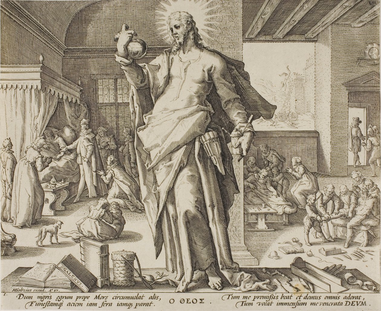Lekarz uważany za Boga, tabliczka pierwsza z Alegorii zawodu lekarza. autorstwa Hendrick Goltzius