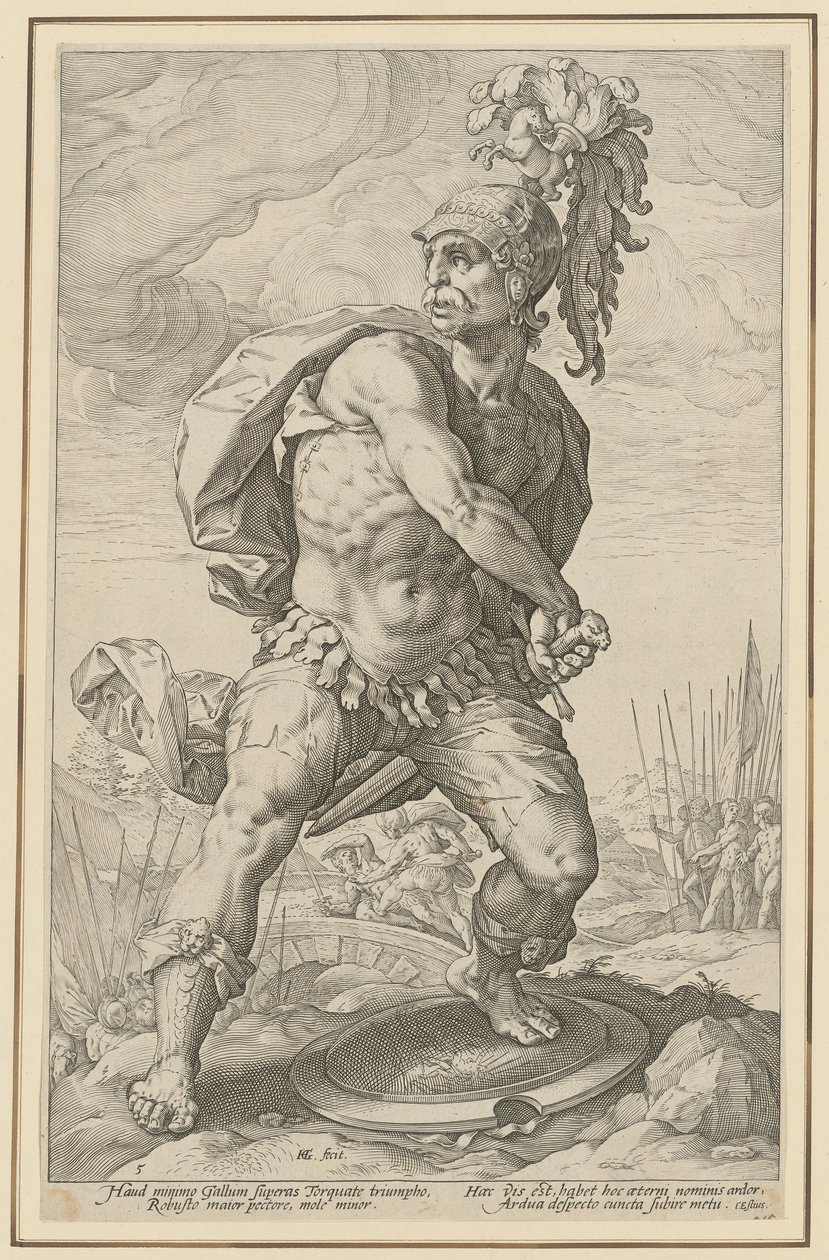 Titus Manlius Torquatus, arkusz 5 z serii „Rzymscy bohaterowie” autorstwa Hendrick Goltzius